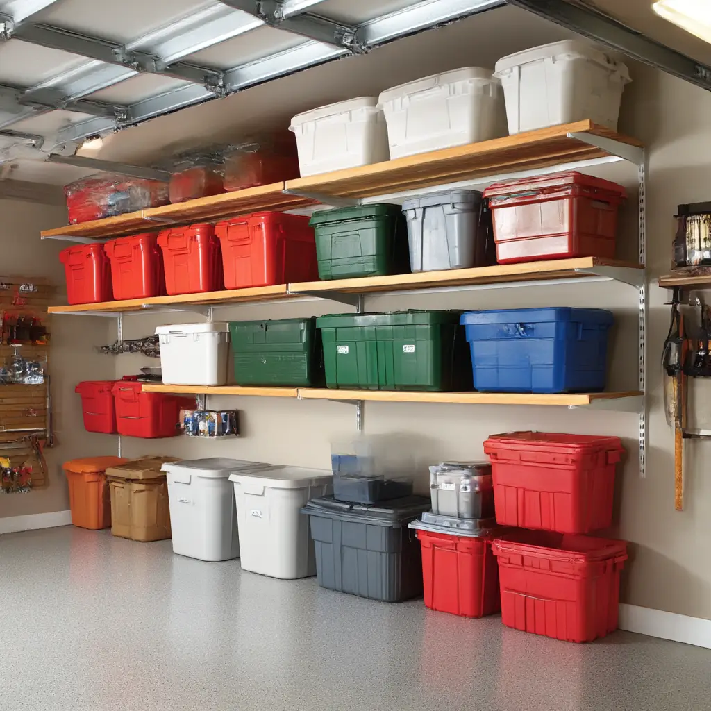 Overhead storage racks with bins