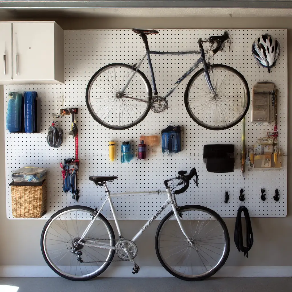 Pegboard storage with bike hooks
