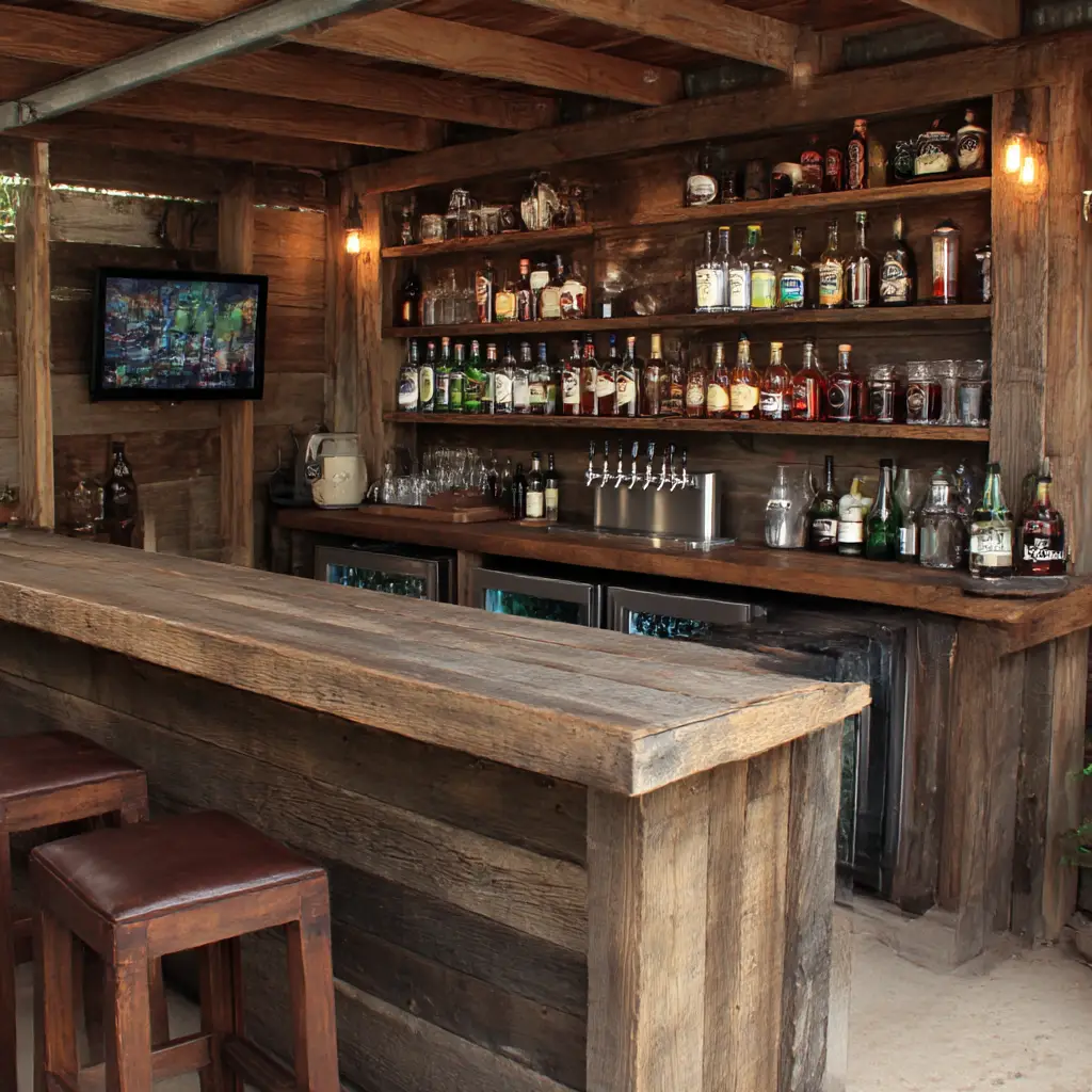 Rustic wood bar setup