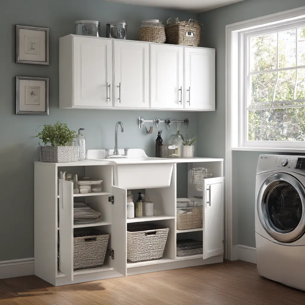Utility Sink Cabinet with Shelves and Doors