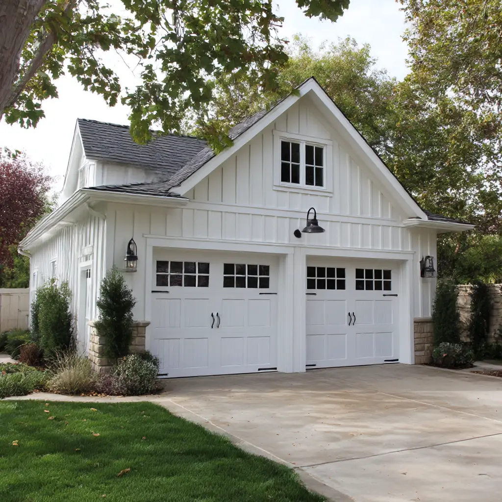 White Garage Doors with Decorative Trim