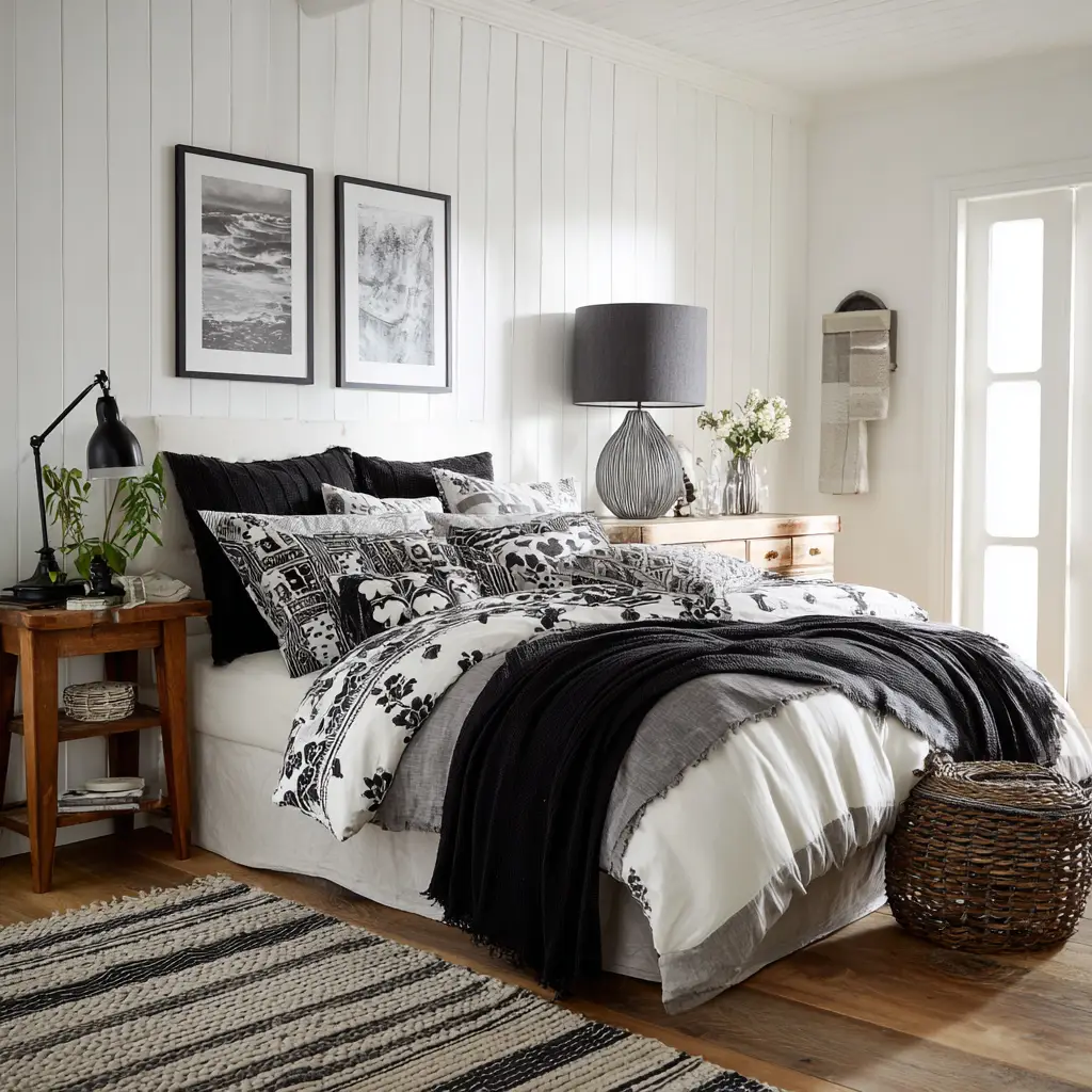 White Walls with Black Bedding