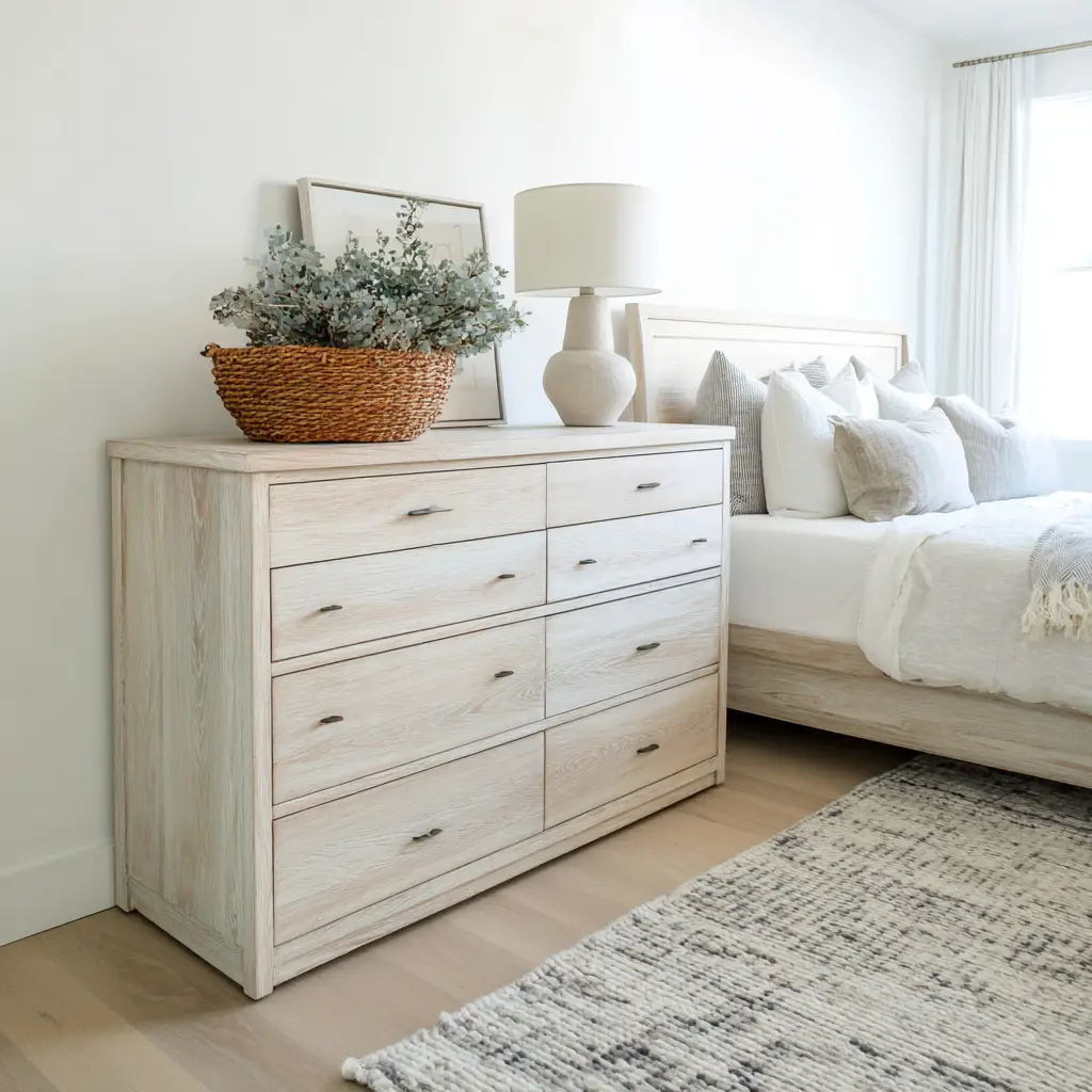 Whitewashed wood dresser
