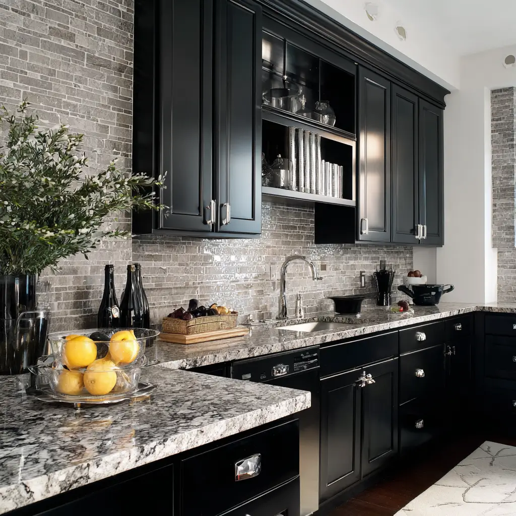 Black Cabinets with Bold Backsplash