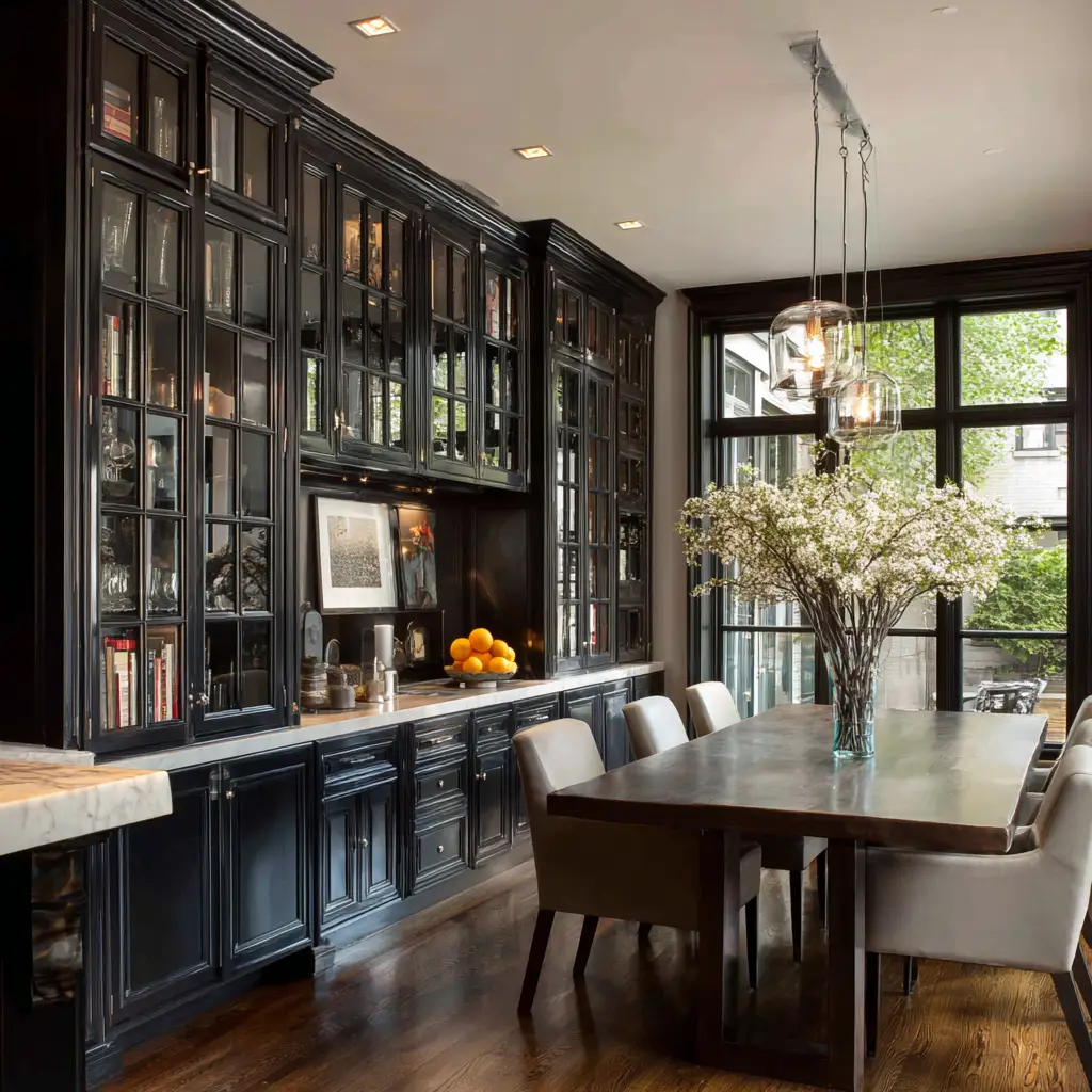 Black Cabinets with Glass Fronts