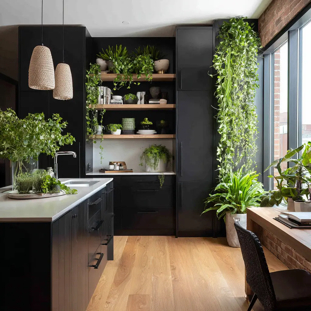 Black Cabinets with Greenery