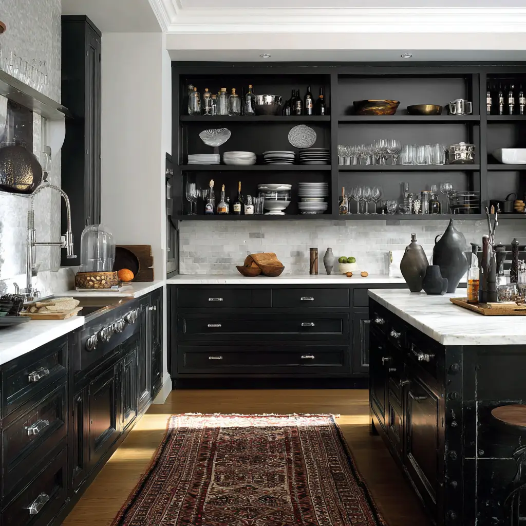 Black Cabinets with Open Shelving