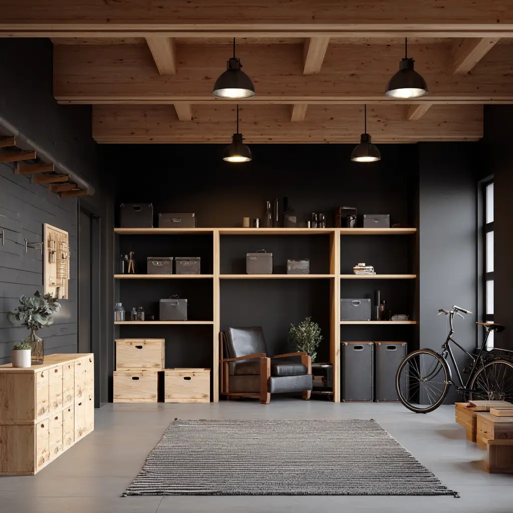 Black Walls with Natural Wood Storage