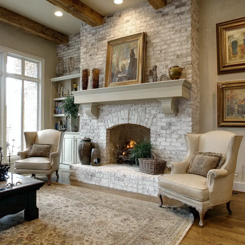 Brick Fireplace with Mantel Décor