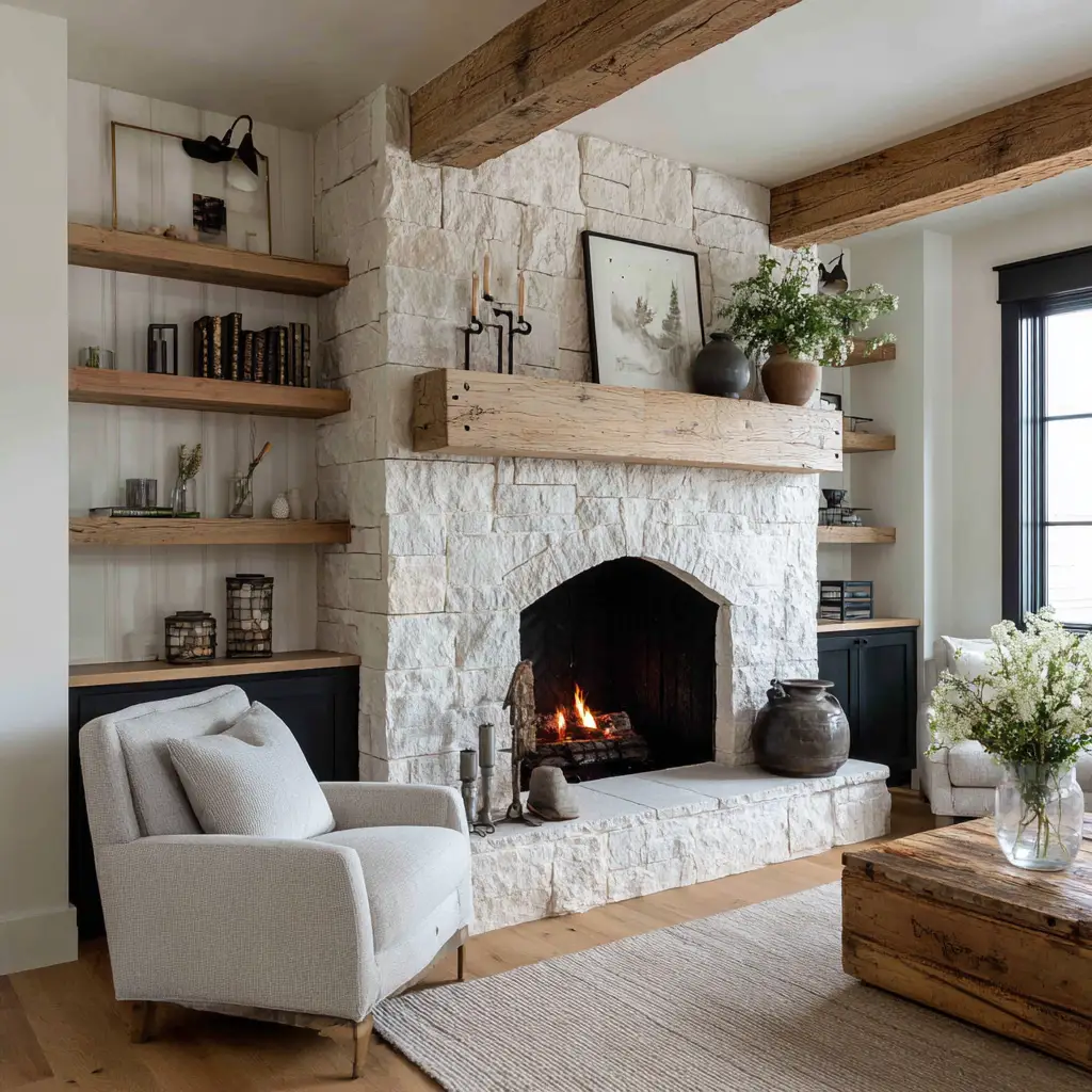 Farmhouse Fireplace with Built-In Shelving