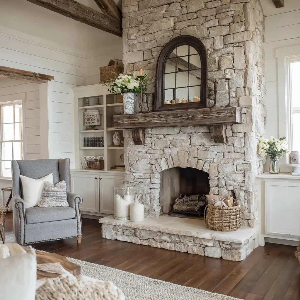 Farmhouse Fireplace with Metal Accents