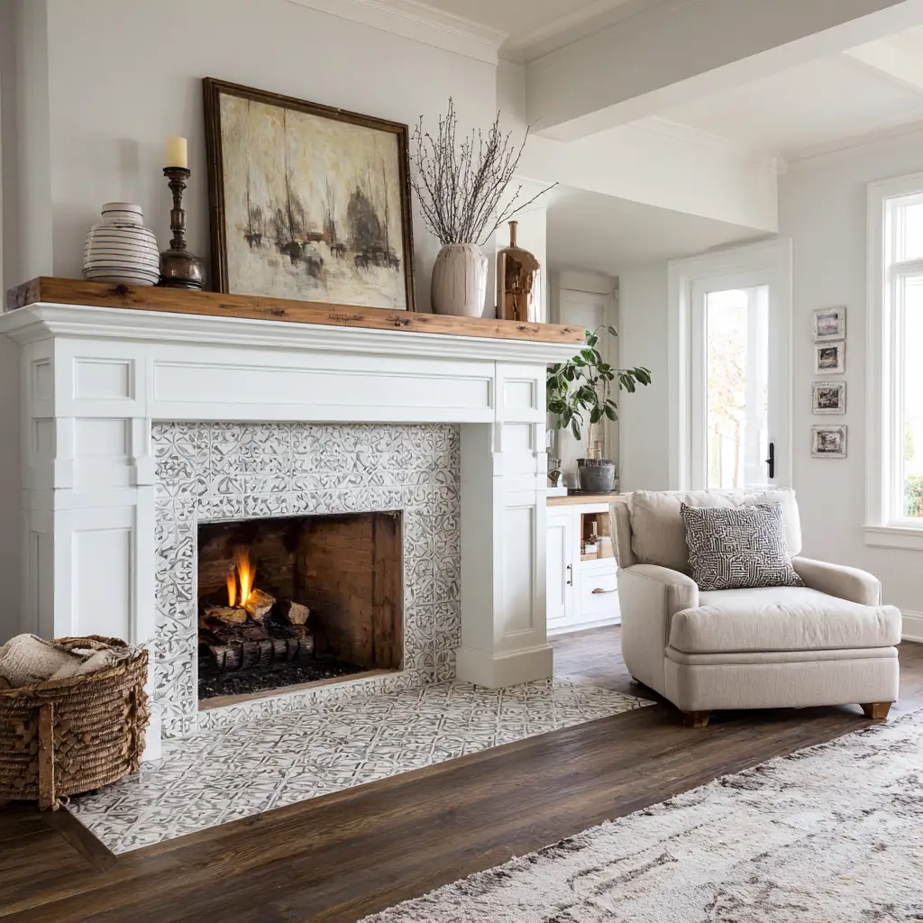 Farmhouse Fireplace with Tile Surround