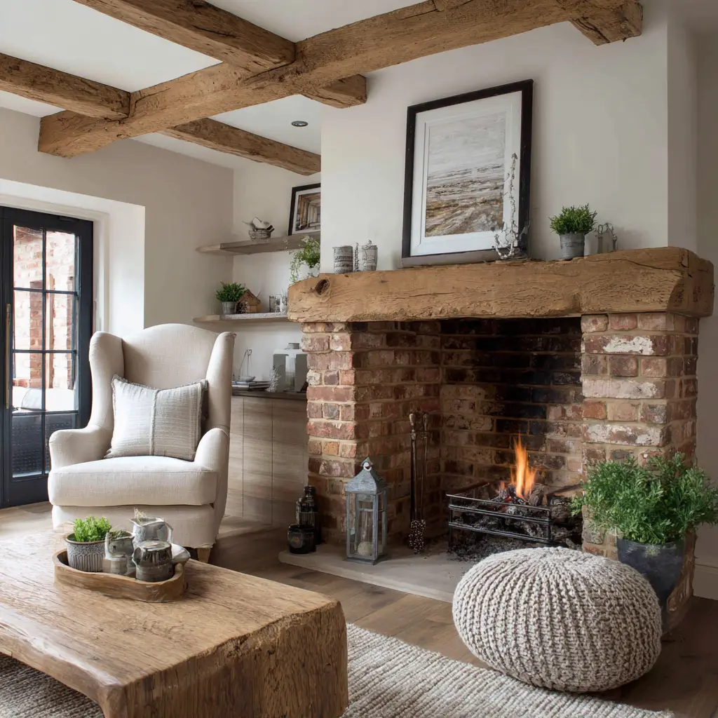 Farmhouse Fireplace with a Chunky Hearth