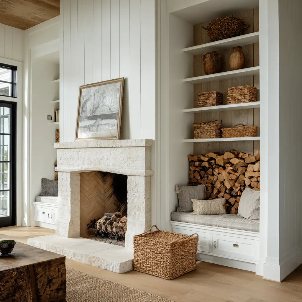 Farmhouse Fireplace with a Wood Storage Niche