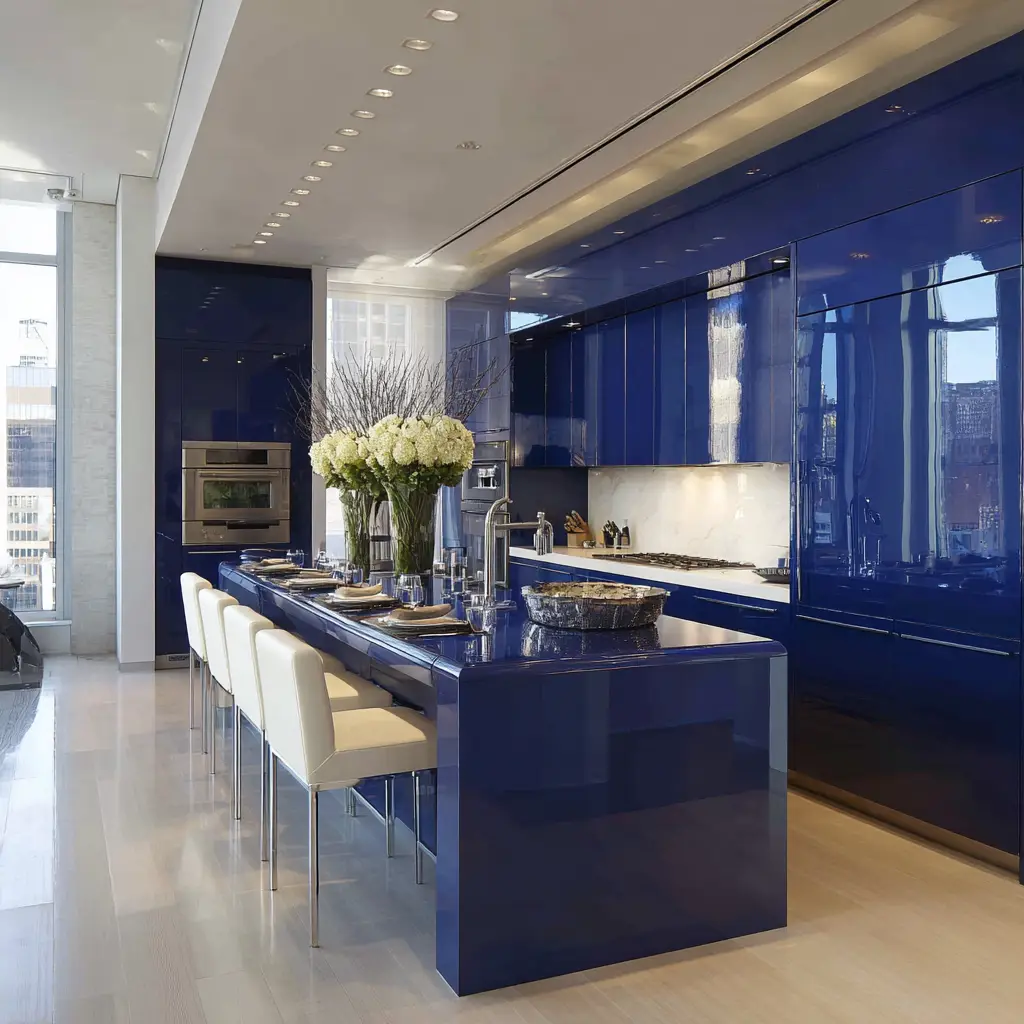 High-Gloss Navy Cabinets