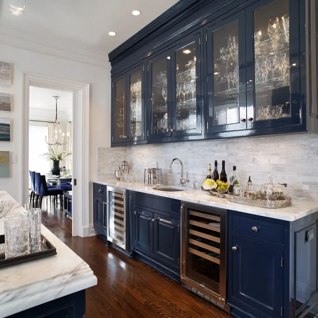Navy Cabinets with Glass Doors