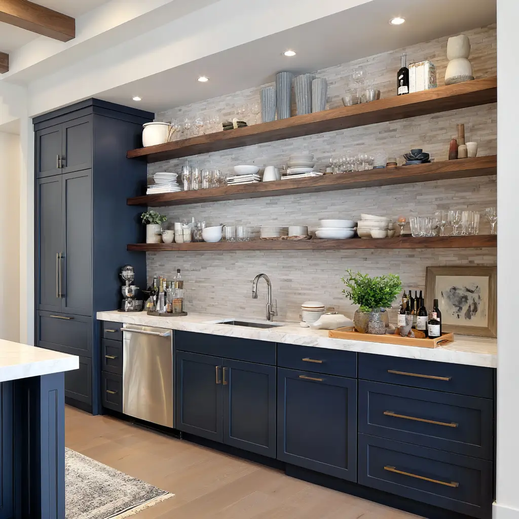 Navy Cabinets with Open Shelving