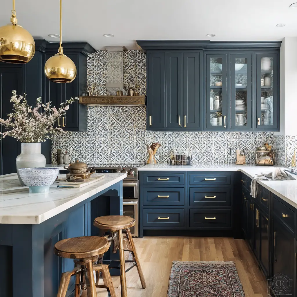 Navy Cabinets with Patterned Backsplash