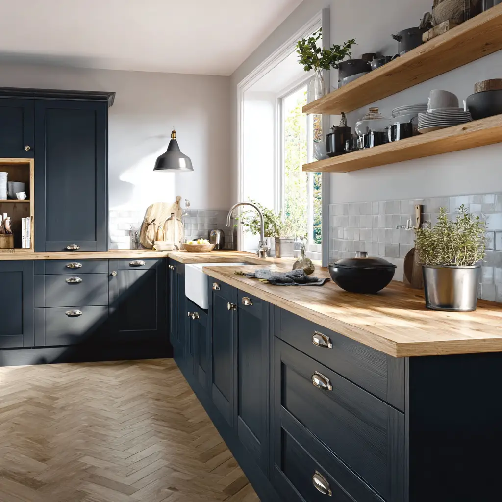 Navy Cabinets with Wooden Countertops