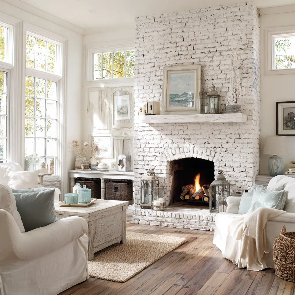 Whitewashed Brick Fireplace